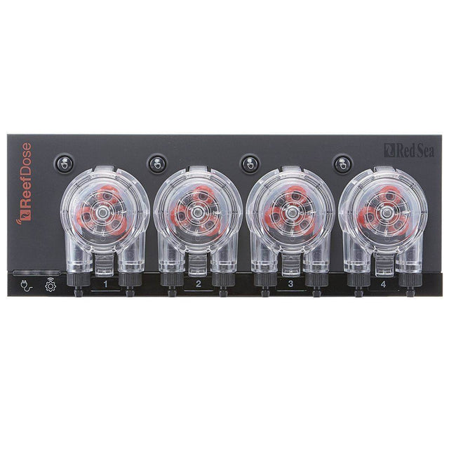 Red Sea ReefDose 4 Dosing Pump with four clear dosing heads for accurate aquarium nutrient dosing.