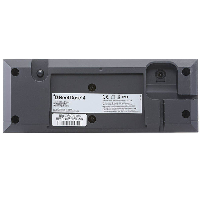 Back view of Red Sea ReefDose 4 dosing pump showcasing model details and features.