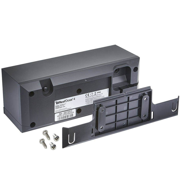 Red Sea ReefDose 4 dosing pump back view with mounting bracket and screws for aquarium use.