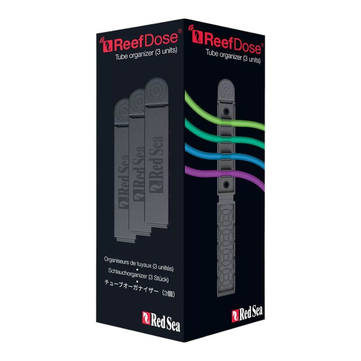 Red Sea ReefDose Tube Organizer Clips packaging featuring three clips for securing dosing lines in aquariums.