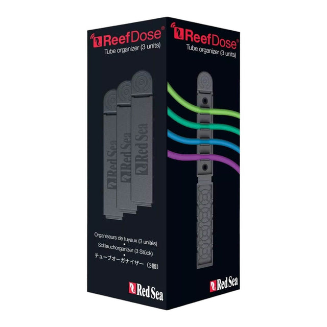 Red Sea ReefDose Tube Organizer Clips packaging featuring three clips for securing dosing lines in aquariums.