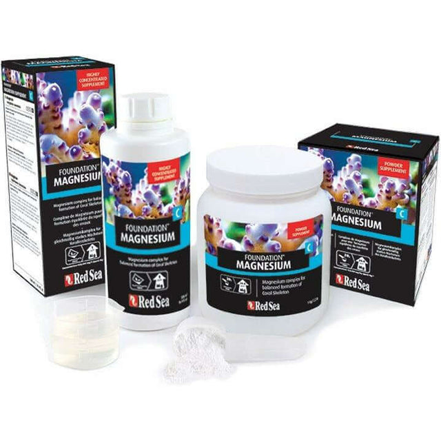 Red Sea Reef Foundation C Magnesium product bottles and packaging for healthy coral reef aquariums.