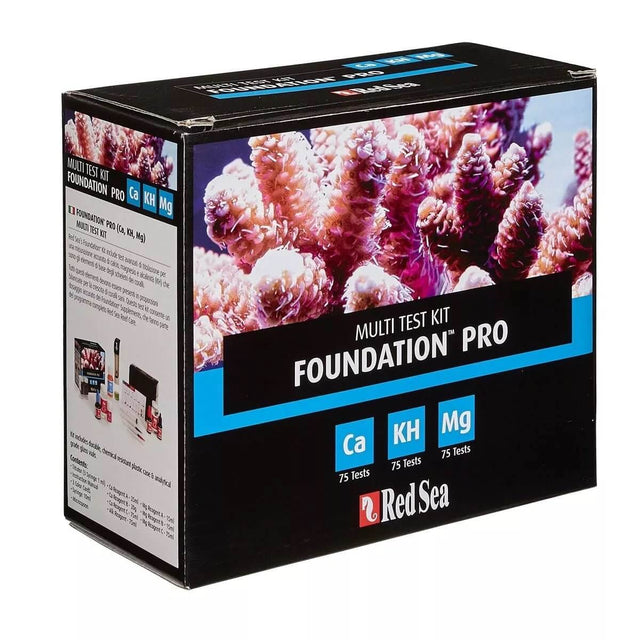 Red Sea Reef Foundation Pro Multi Test Kit box displaying tests for Ca, KH, and Mg for coral health and growth.
