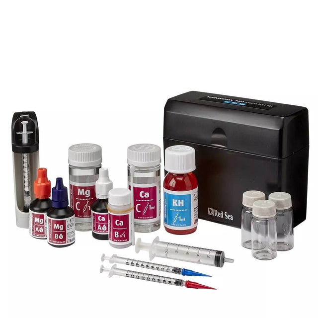 Red Sea Reef Foundation Pro Multi Test Kit with test reagents for Calcium, Magnesium, and Alkalinity for coral care.