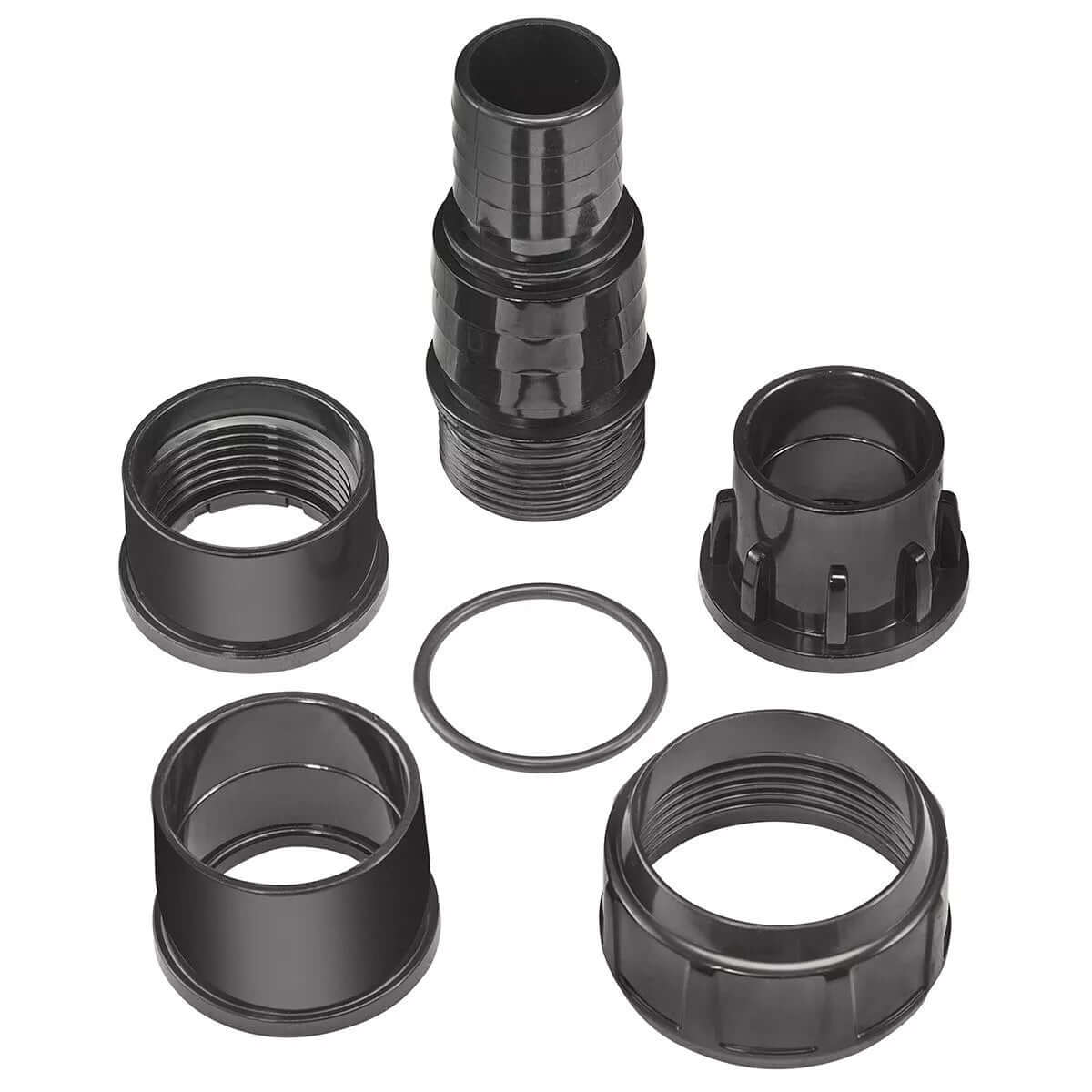 Assorted black plumbing fittings and connectors for Red Sea ReefRun DC Pumps and skimmers, including O-ring.