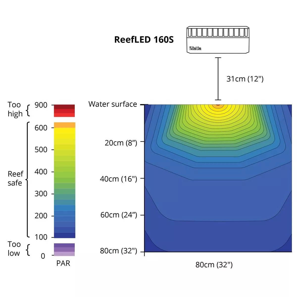 Infographic showing PAR levels for Red Sea ReefLED 160s Marine Light across various tank depths for optimal coral growth.