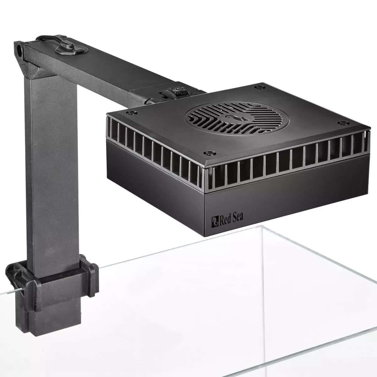 Red Sea ReefLED 90 Universal Mounting Arm securely attached to aquarium for optimal lighting and accessibility.