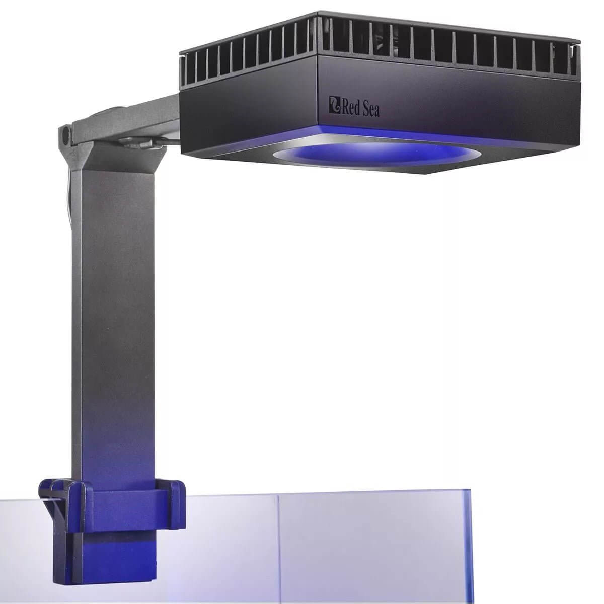 Red Sea ReefLED 90 Universal Mounting Arm securely supporting aquarium light for easy feeding and maintenance access.