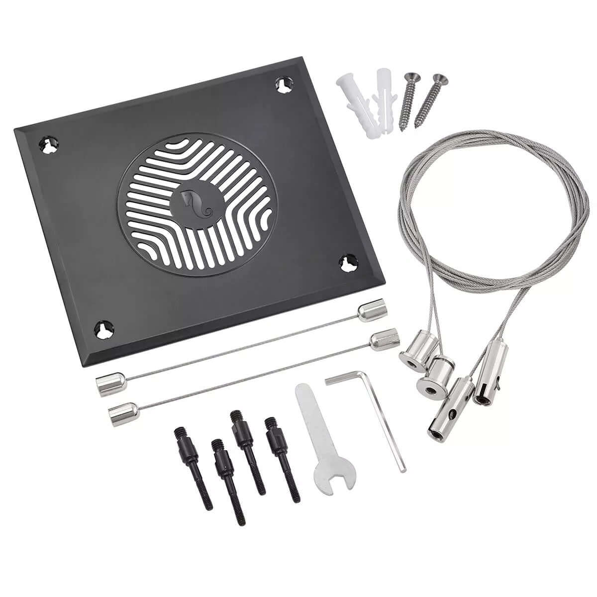 Red Sea ReefLED Suspension Kit components including hanging plate, cables, and installation hardware for aquarium lighting.