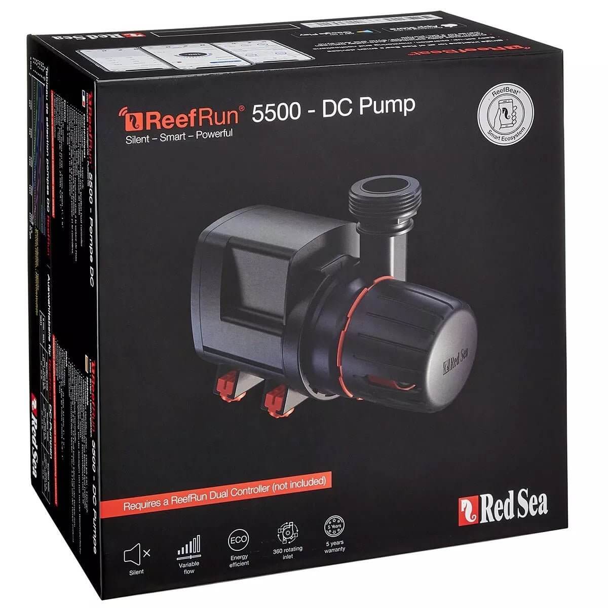 Red Sea ReefRun 5500 DC Pump packaging showcasing a silent, smart, and powerful design for aquariums.