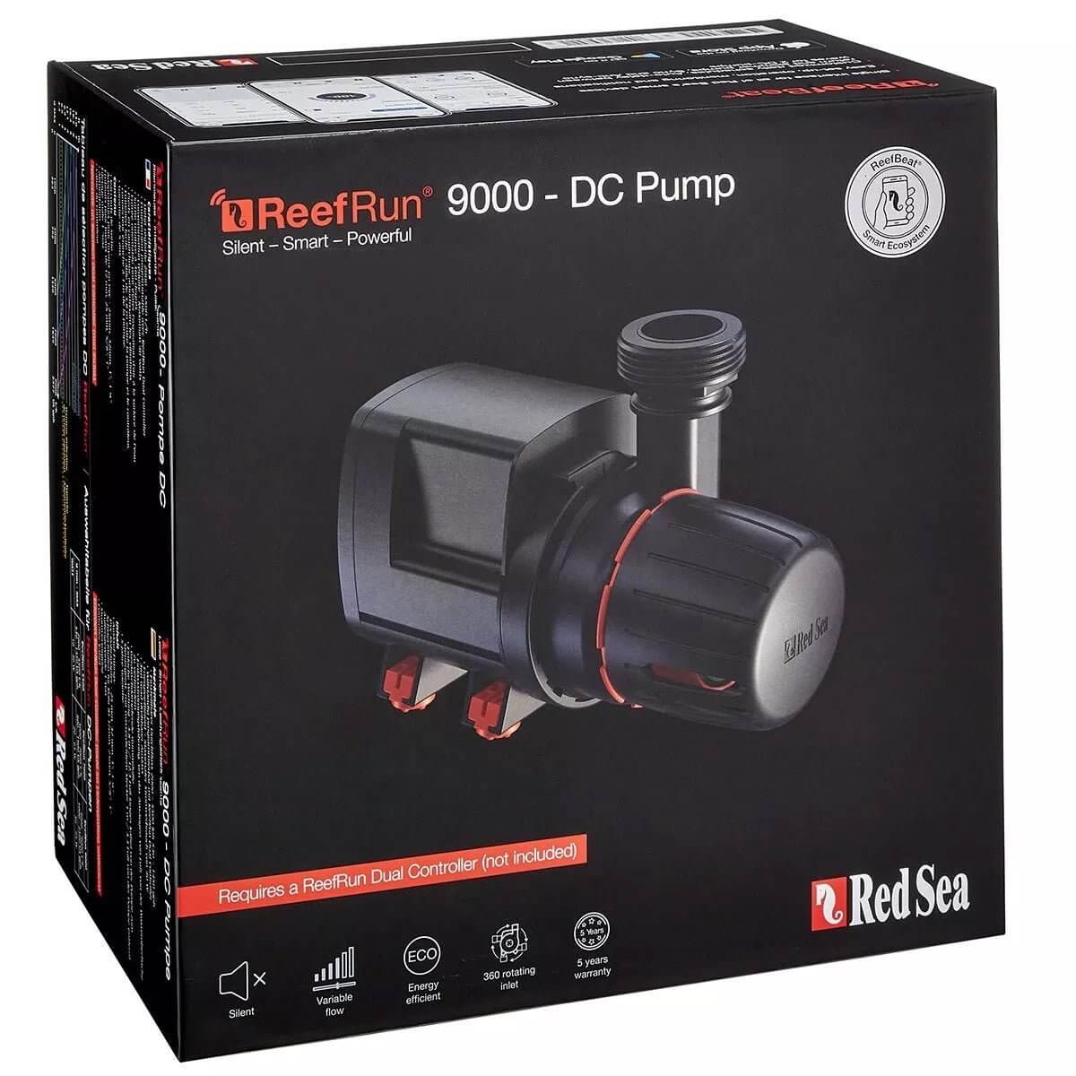 Red Sea ReefRun 9000 DC Pump packaging showcasing silent, smart, and powerful pump features and controller compatibility.