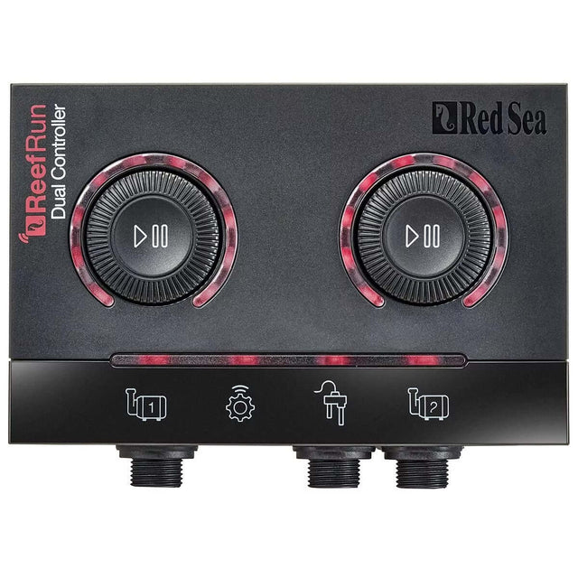 Red Sea ReefRun Dual DC Pump Controller with two dials for pump control and LED indicators, designed for aquarium use.
