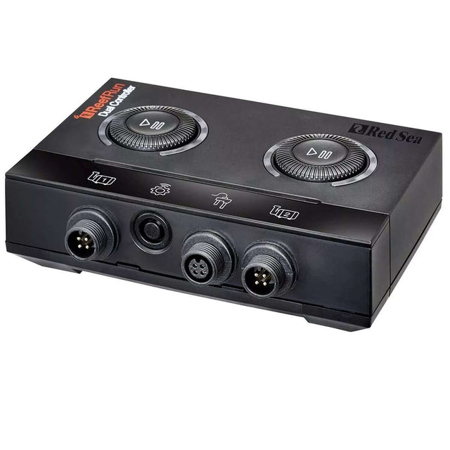 Red Sea ReefRun Dual DC Pump Controller with dual dials and connection ports for controlling two pumps.