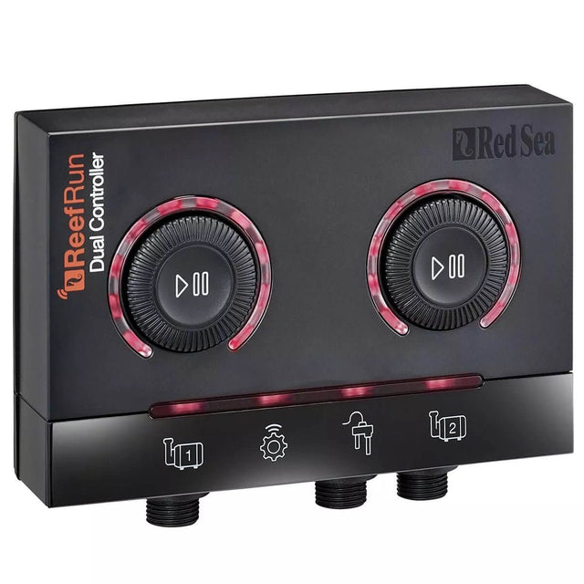 Red Sea ReefRun Dual DC Pump Controller with adjustable dials for customized pump settings and integration with ReefBeat app.