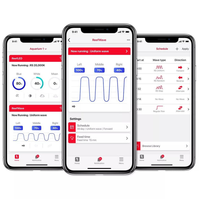 Red Sea ReefWave app interface showing pump settings, wave patterns, and controllers for aquarium management.