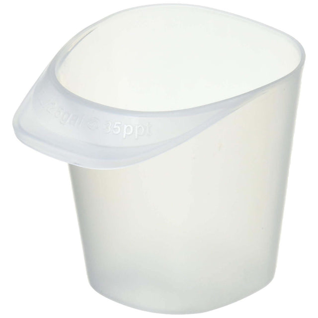Clear Red Sea Salt measuring cup designed for accurate saltwater mixing at 35 ppt, measuring up to 1 cup capacity.