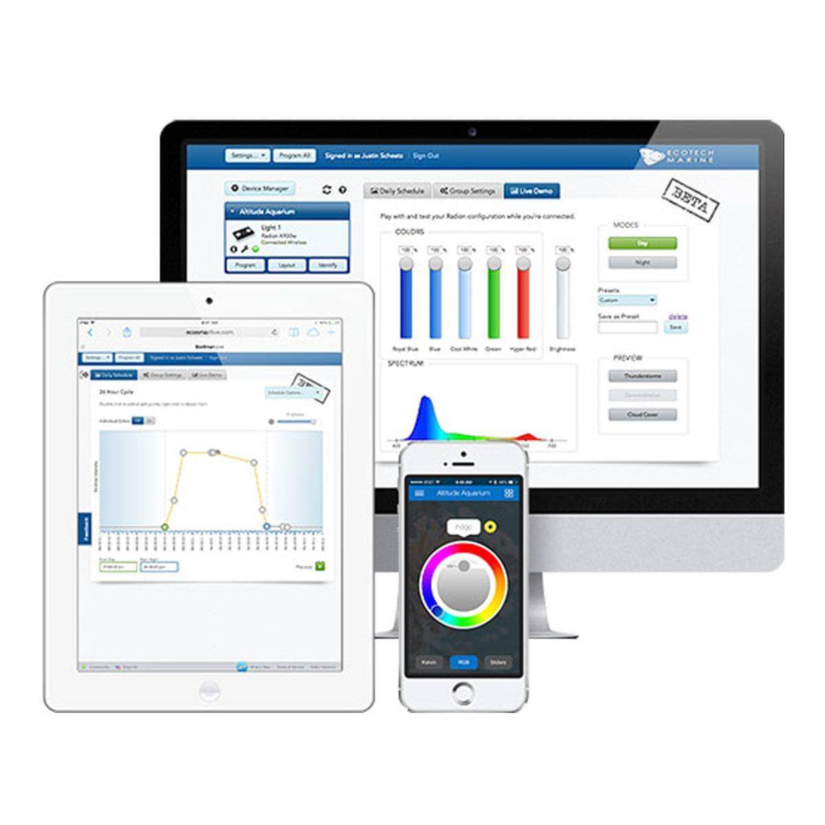 ReefLink Wireless Controller interface displayed on tablet and smartphone, showcasing EcoSmart Live connectivity features.