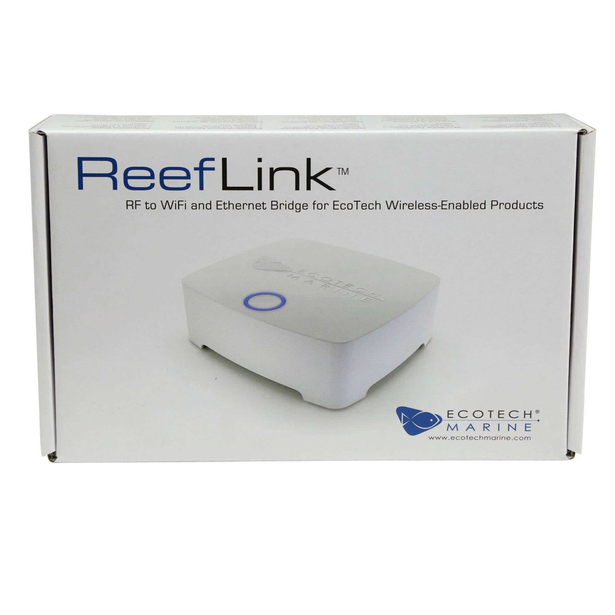 EcoTech Marine ReefLink Wireless Controller box with product details and branding, showcasing wireless connectivity features.