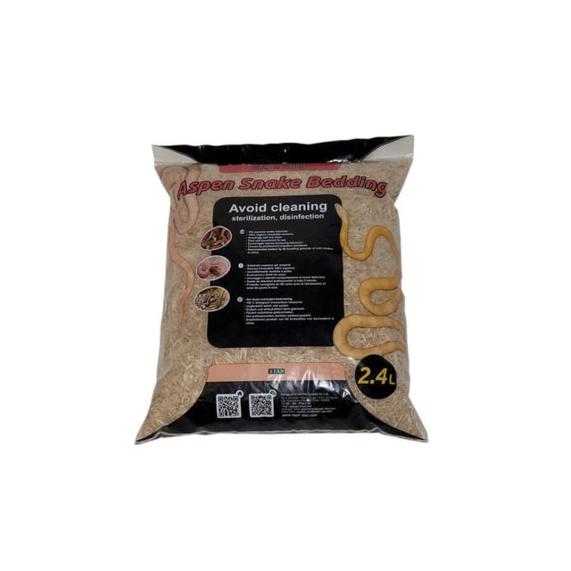 Repti Aspen Snake Bedding 2.4L bag showcasing soft, organic substrate ideal for snakes, promoting natural burrowing behavior.