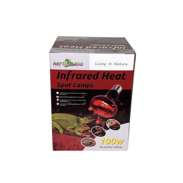 Repti Zoo Infrared Heat Spot Lamp box for terrariums, promoting warm areas and night observation, 100W all-weather heating.
