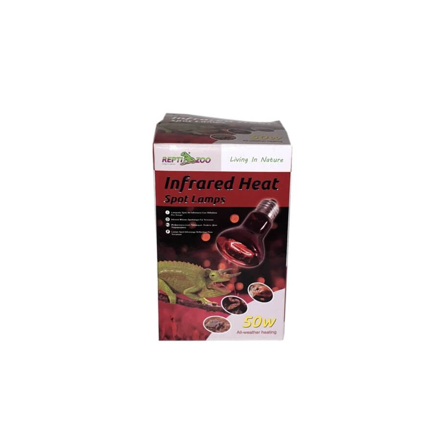 Reptile Zoo Infrared Heat Spot Lamps packaging, ideal for terrariums, 50W bulb, promoting digestion and well-being.