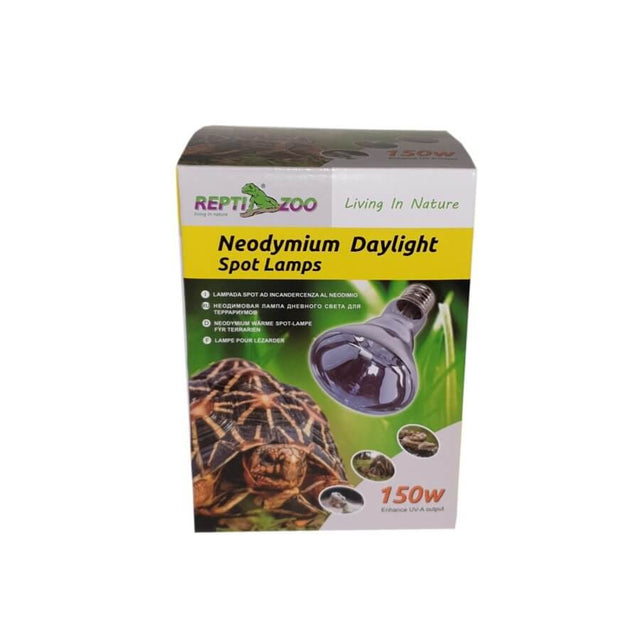 Repti Zoo Neodymium Daylight Spot Lamp packaging for reptiles, featuring a 150w bulb for terrariums and basking areas.