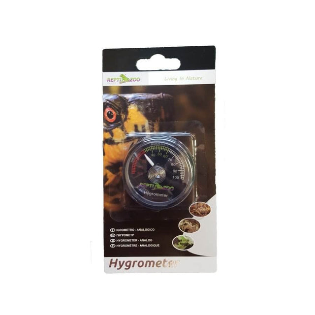 Reptile Analog Hygrometer in packaging, designed for humidity monitoring in terrariums, accurate and easy to install.