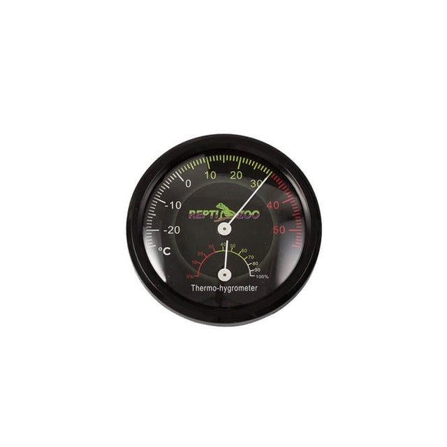 Reptile analog thermometer and hygrometer combo displaying temperature and humidity levels for terrarium use.