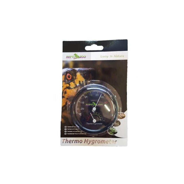 Reptile Analog Thermometer and Hygrometer Combo in packaging, measuring temperature and humidity for terrariums.