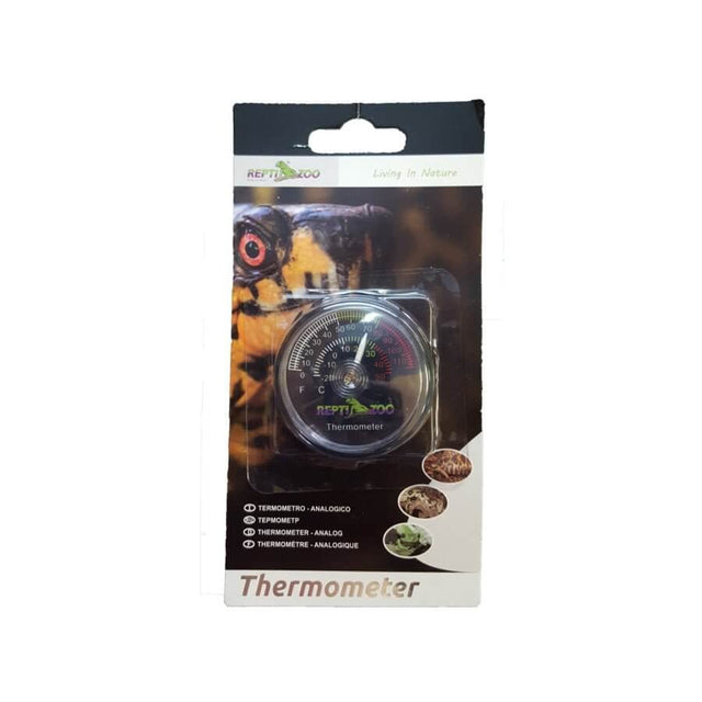 Reptile Analog Thermometer by Repti Zoo in packaging, designed for precise terrarium temperature monitoring.