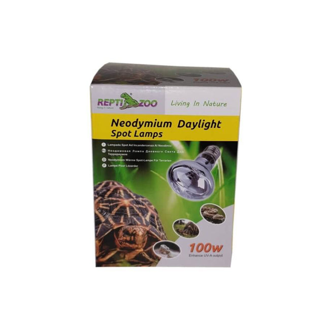 Repti Zoo Neodymium Daylight Spot Lamps packaging, ideal for terrariums, promoting basking areas and UV-A benefits.