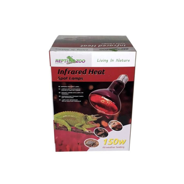Repti Zoo 150W Infrared Heat Spot Lamp packaging for terrariums, promoting warmth and nighttime observation for reptiles.