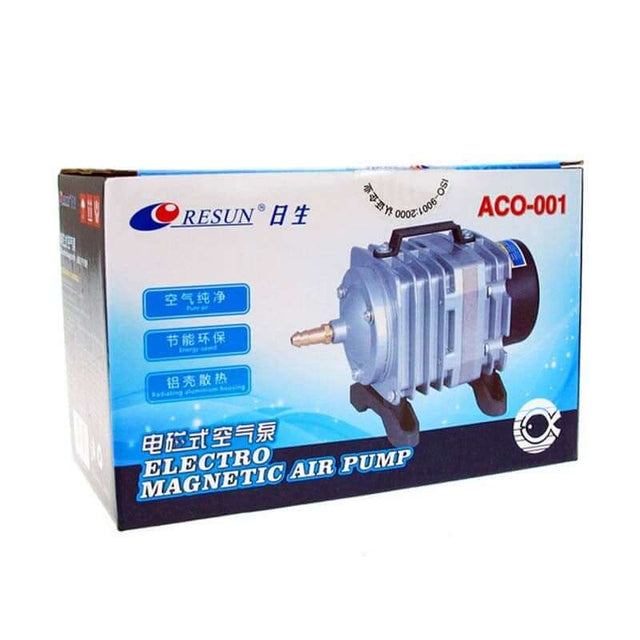 Resun ACO-001 Electro Magnetic Air Pump box featuring its design and specifications for aquarium use.