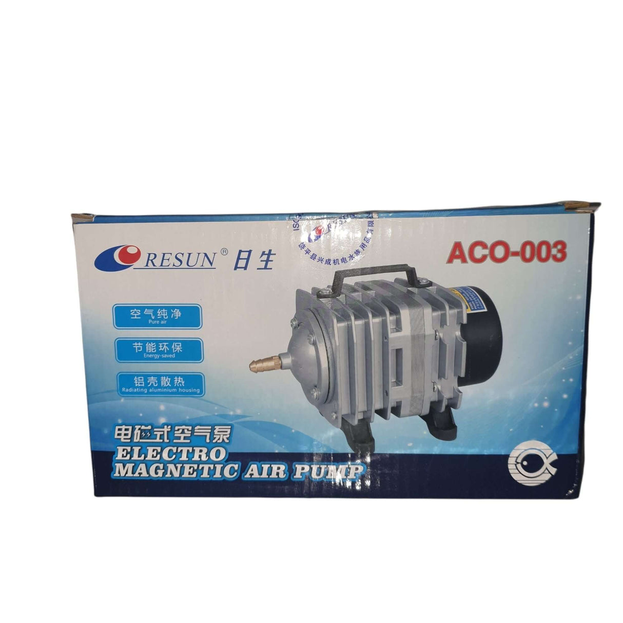 Resun ACO-003 Electro Magnetic Air Pump for aquariums and ponds, featuring durable design and high energy efficiency.