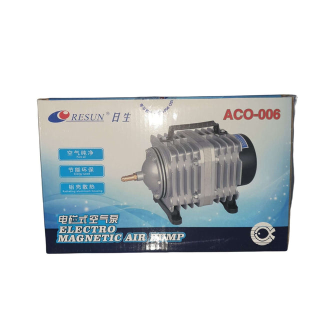 Resun ACO-006 Electro Magnetic Air Pump packaging for aquariums and ponds, highlighting high-quality performance and durability.
