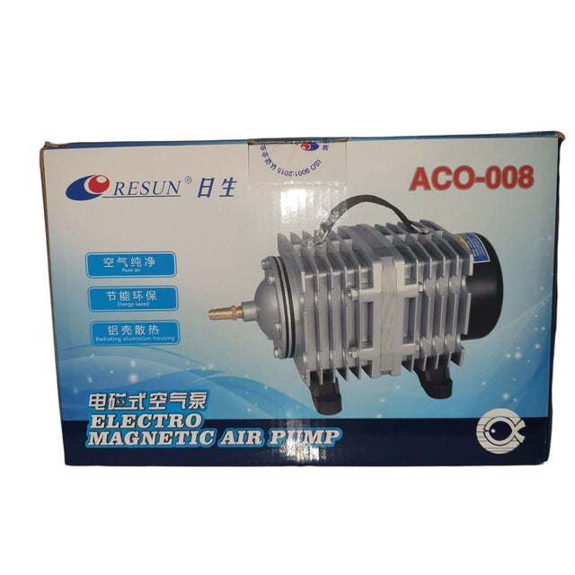 Resun ACO-008 Electro Magnetic Air Pump box packaging, ideal for aquariums and fish tanks.
