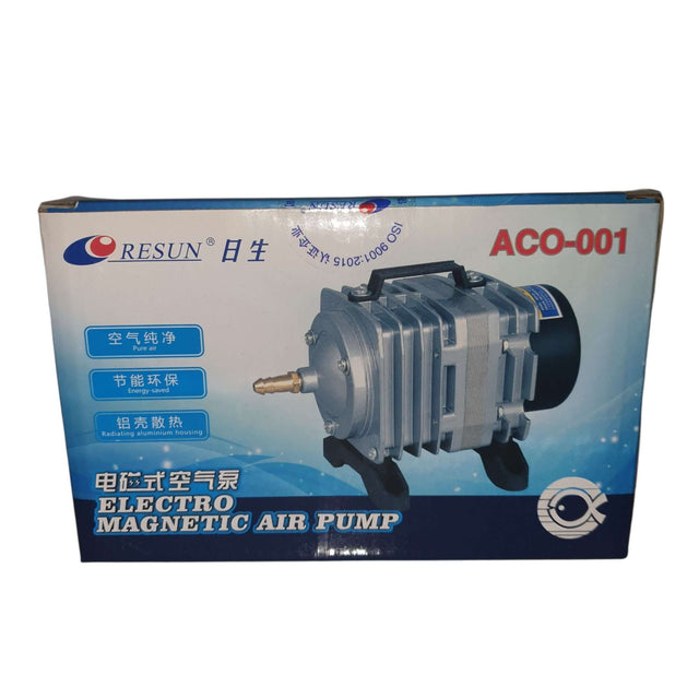 Resun ACO-001 Electro Magnetic Air Pump for aquariums, featuring durable design and no oil lubrication needed.