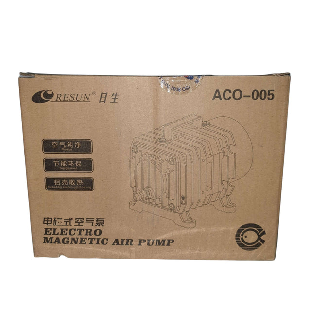 Resun ACO-005 electromagnetic air pump packaging with product features and specifications displayed.