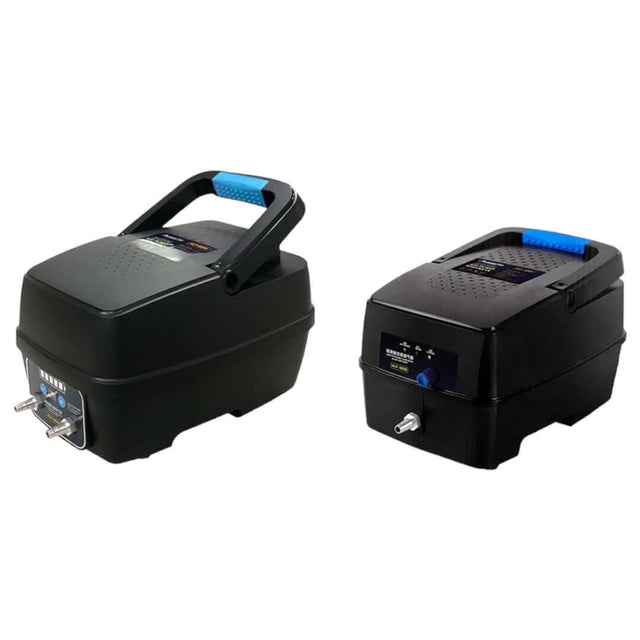 Resun Low Noise AC/DC Pond Air Pump with dual mode power supply for fish ponds and aquariums, showcasing compact design and user-friendly features.