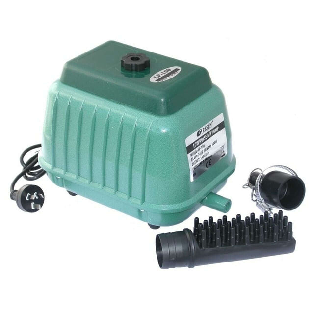 Resun LP-100 High-Pressure Air Compressor with accessories for pond aeration and fish health.