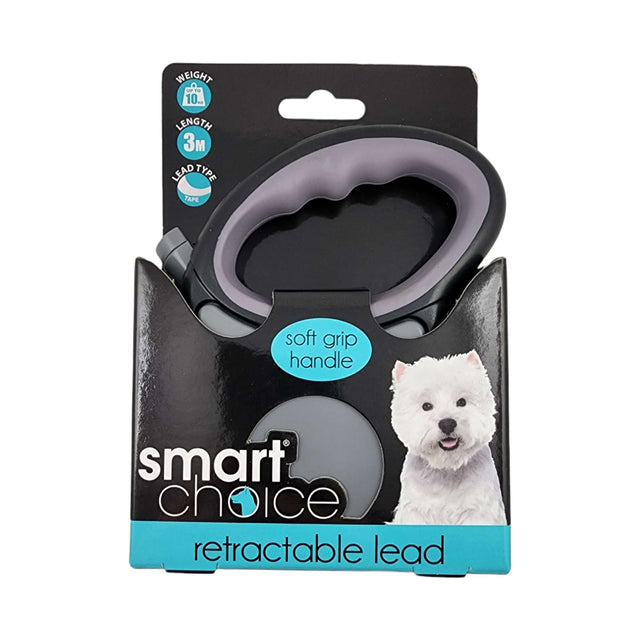 Retractable dog lead with soft grip handle, packaging design featuring a playful dog, 3-meter length for pet freedom and control.