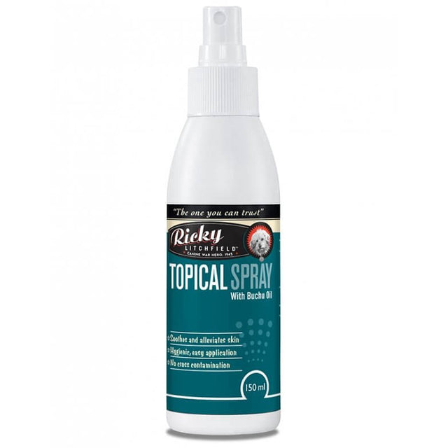 Ricky Litchfield Antiseptic Topical Spray 150ml bottle for skin care, aids in healing hot spots and itchy skin conditions.