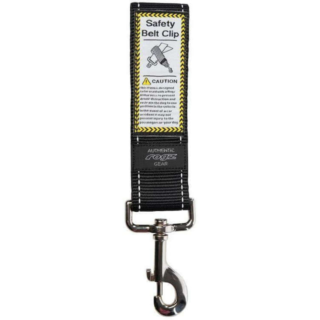 Rogz Car-Safe Safety Belt Clip in black with caution label for dog restraint in vehicles. Durable and strong design for safety.