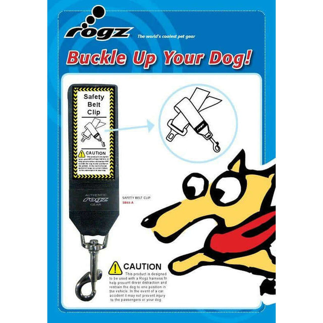 Rogz Car-Safe Safety Belt Clip packaging, featuring safety advice and a playful dog illustration for pet travel safety.