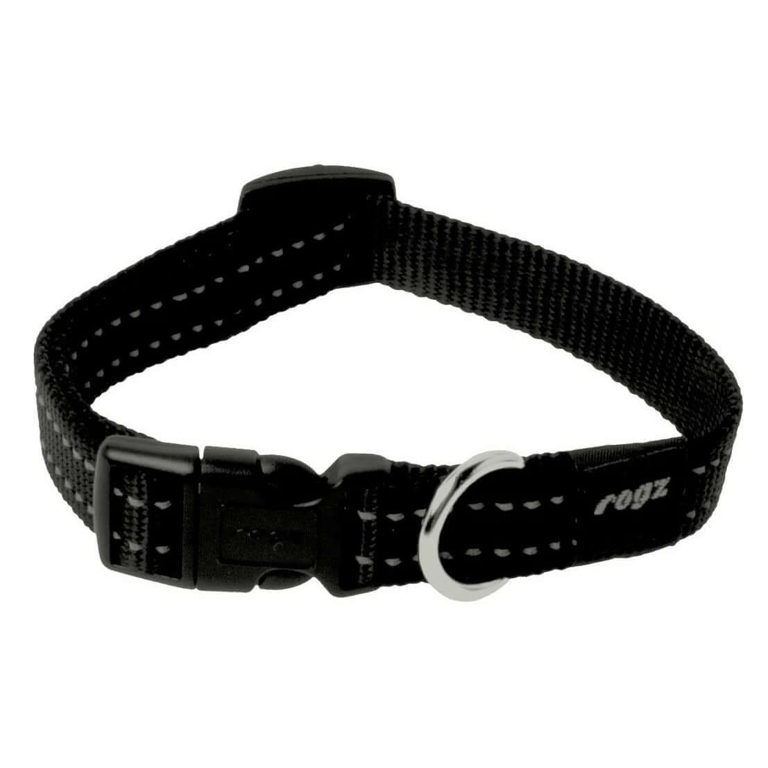 Rogz Classic Reflective Dog Collar in black with ergonomic buckle and reflective stitching for safety at night.