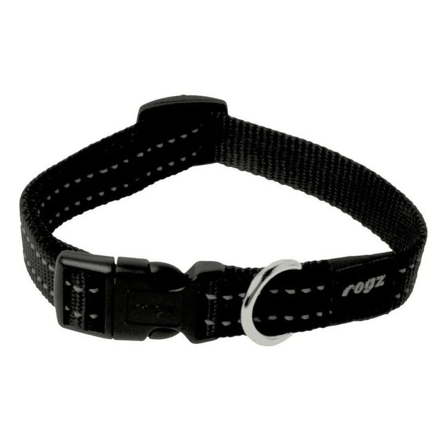 Rogz Classic Reflective Dog Collar in black with ergonomic buckle and reflective stitching for safety at night.