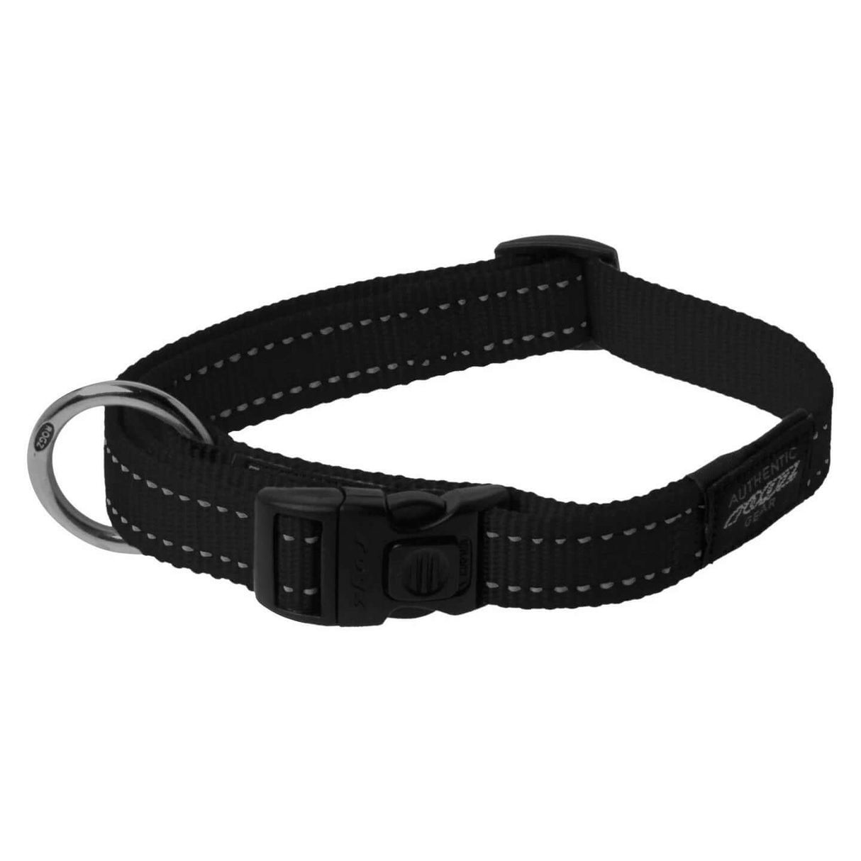 Rogz Classic Reflective Dog Collar in black with ergonomic buckle and accessory D ring for ID tags, suitable for everyday use.