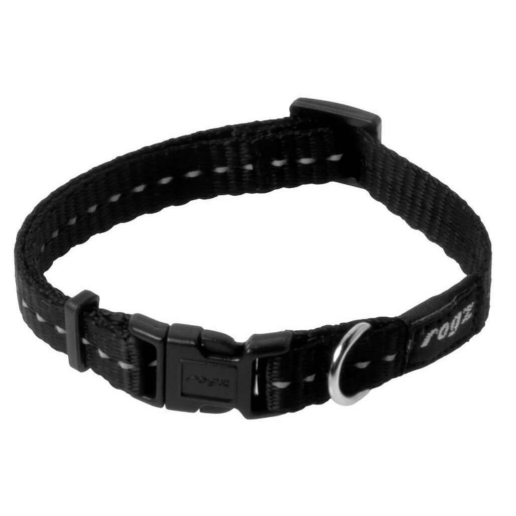 Rogz Classic Reflective Dog Collar in black, featuring strong webbing, reflective stitching, and ergonomic buckle.