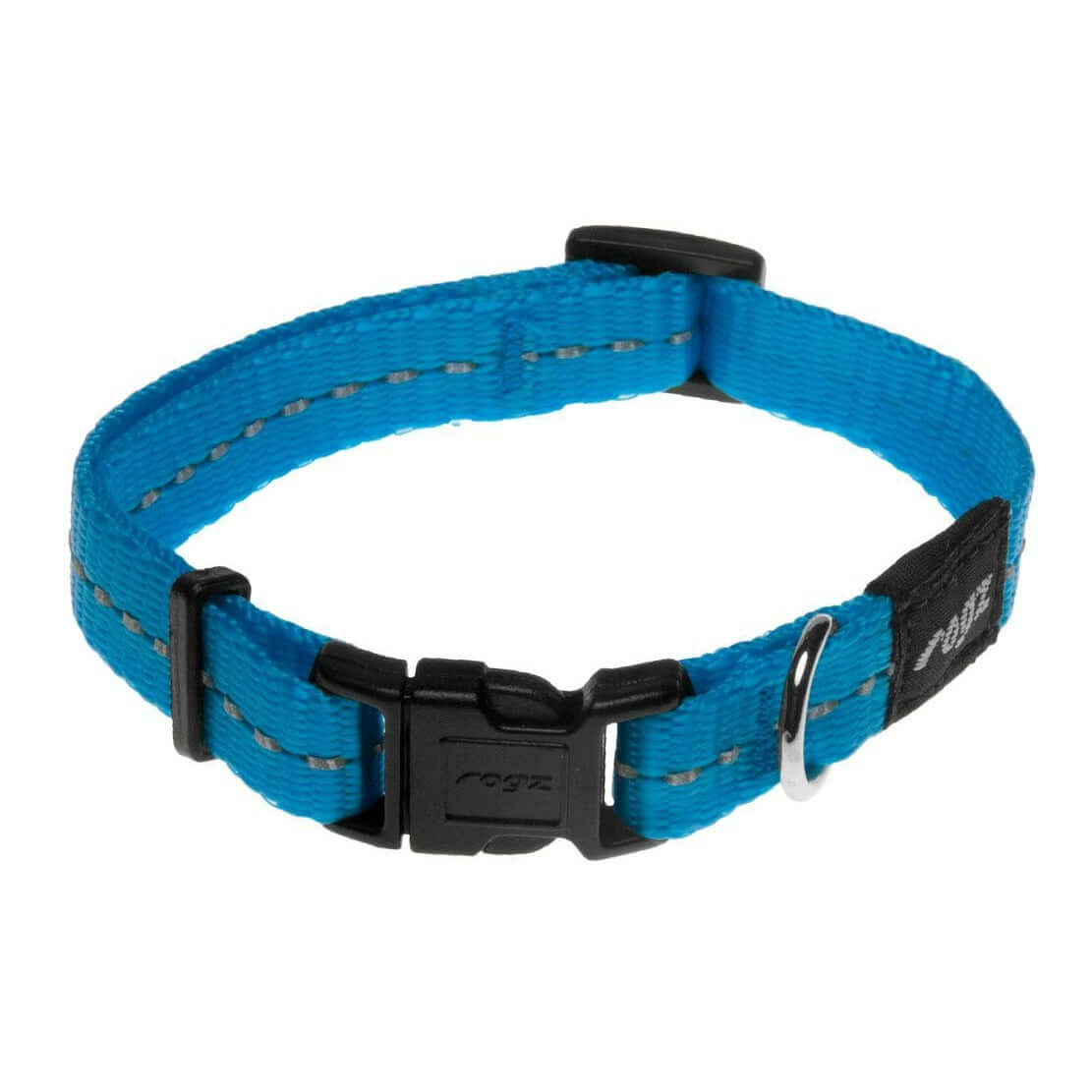 Rogz Classic Reflective Dog Collar in blue with ergonomic buckle and reflective stitching for nighttime visibility.