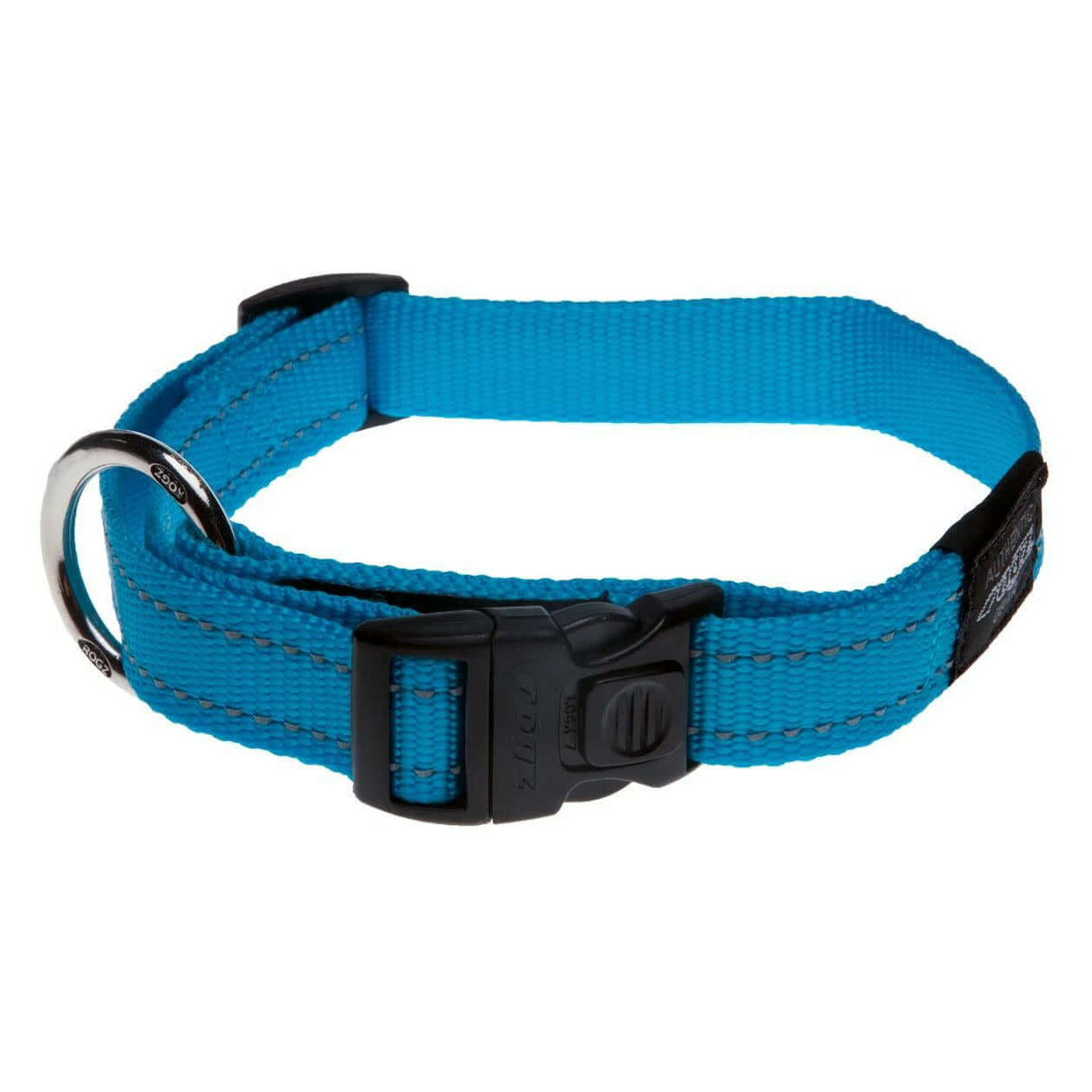 Rogz Classic Reflective Dog Collar in blue with ergonomic buckle and D ring for ID tags, ideal for safe nighttime visibility.